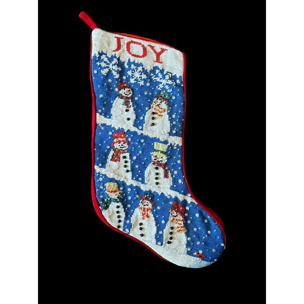 Christmas‎ Stocking Needlepoint Wool "JOY" Snowman Snowmen Beaded 18in Vintage